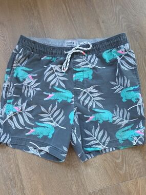 Party Pants Mens Crocodile Tropical Print Swim Trunks Grey Teal Large